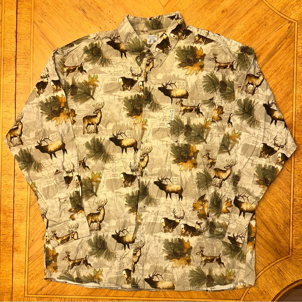 Columbia PHG Shirt Men's Long Sleeve Button Down Deer Elk Print Size 2XL Hunting